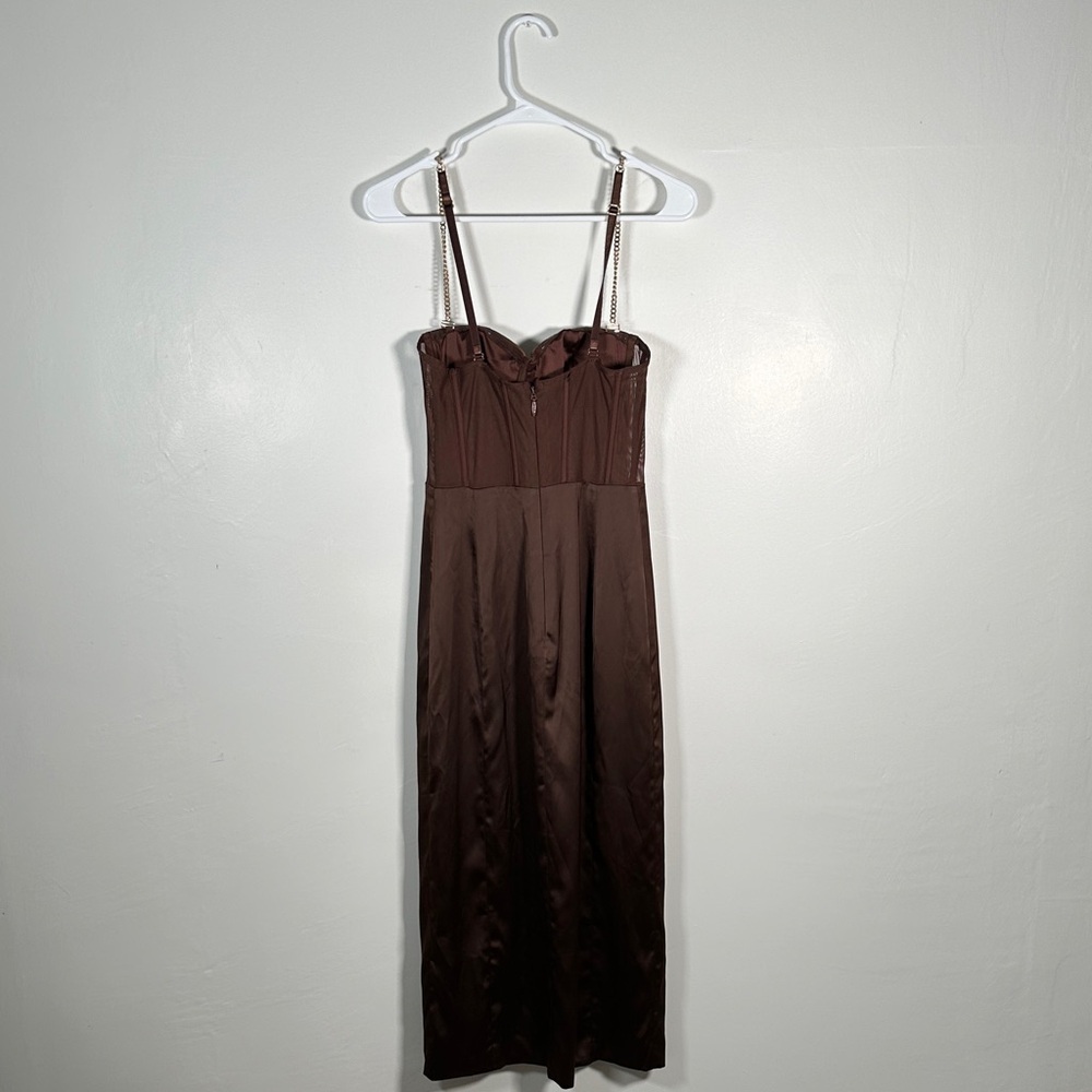 Meshki Brown Satin Corset Dress Bodycon Midi Thigh Slit Sexy Night Out Size M - Picture 15 of 16